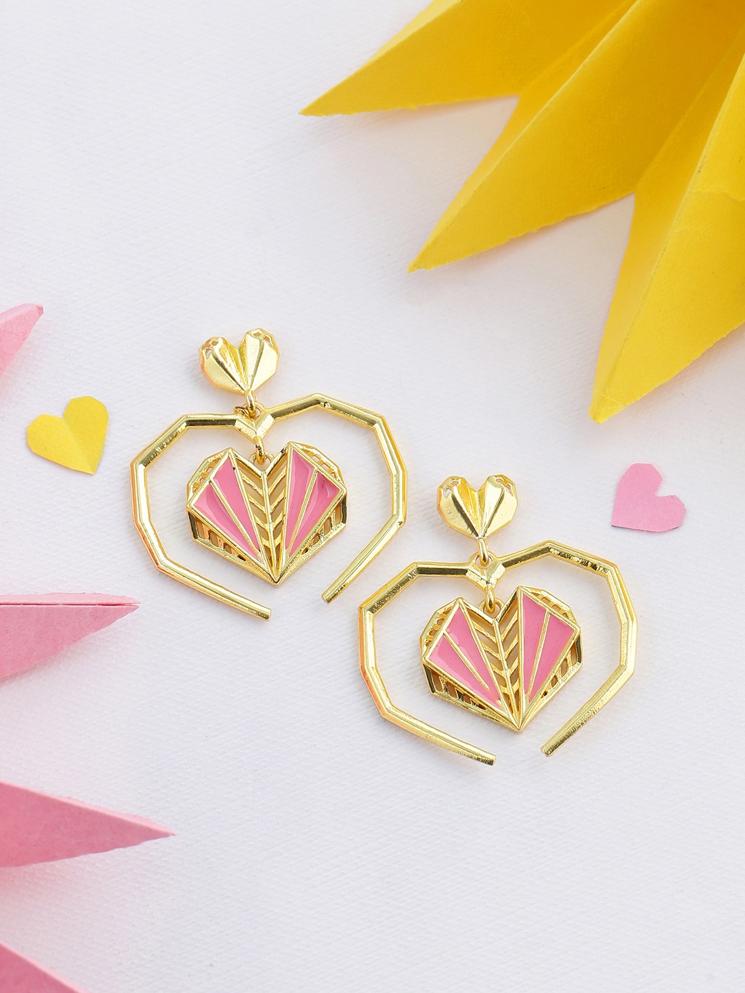 

Voylla Gold-Plated & Pink Heart Shaped Drop Earrings