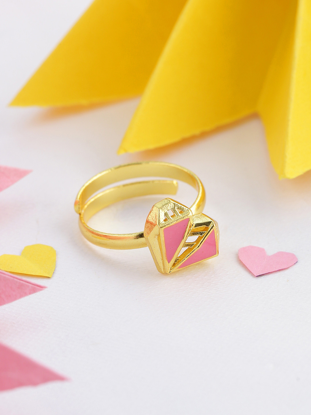 

Voylla Gold-Plated & Pink Mi Amore Geometric Heart Enamelled Handcrafted Finger Ring