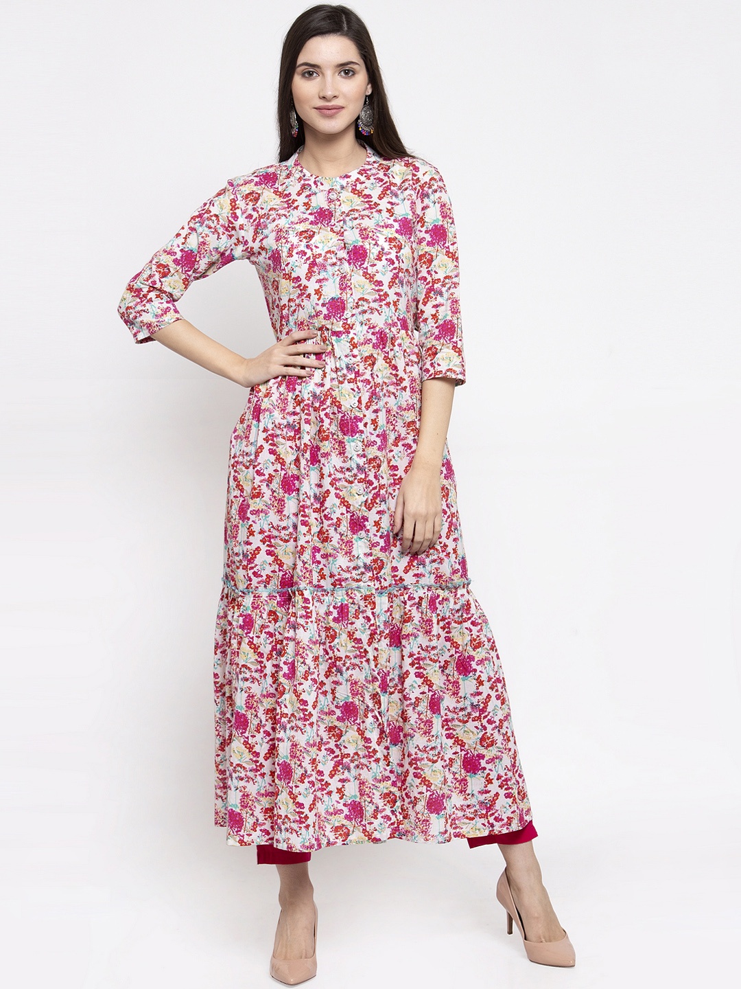 

Indibelle Women Pink & White Printed Kurta with Trousers
