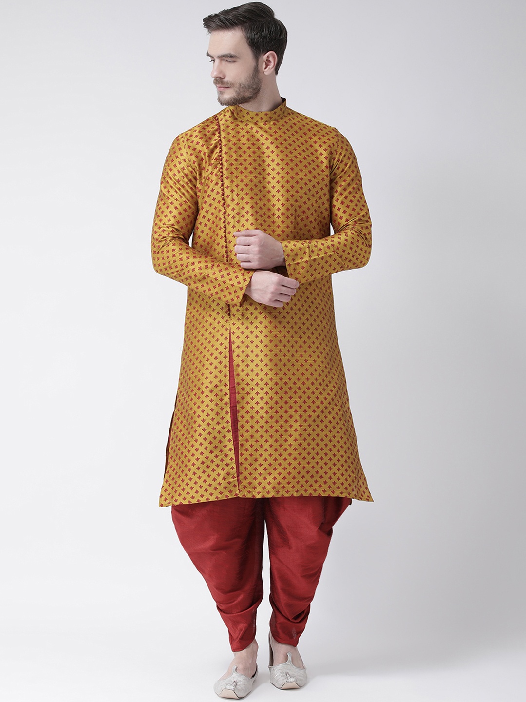 

DEYANN Men Yellow & Maroon Printed Straight Kurta