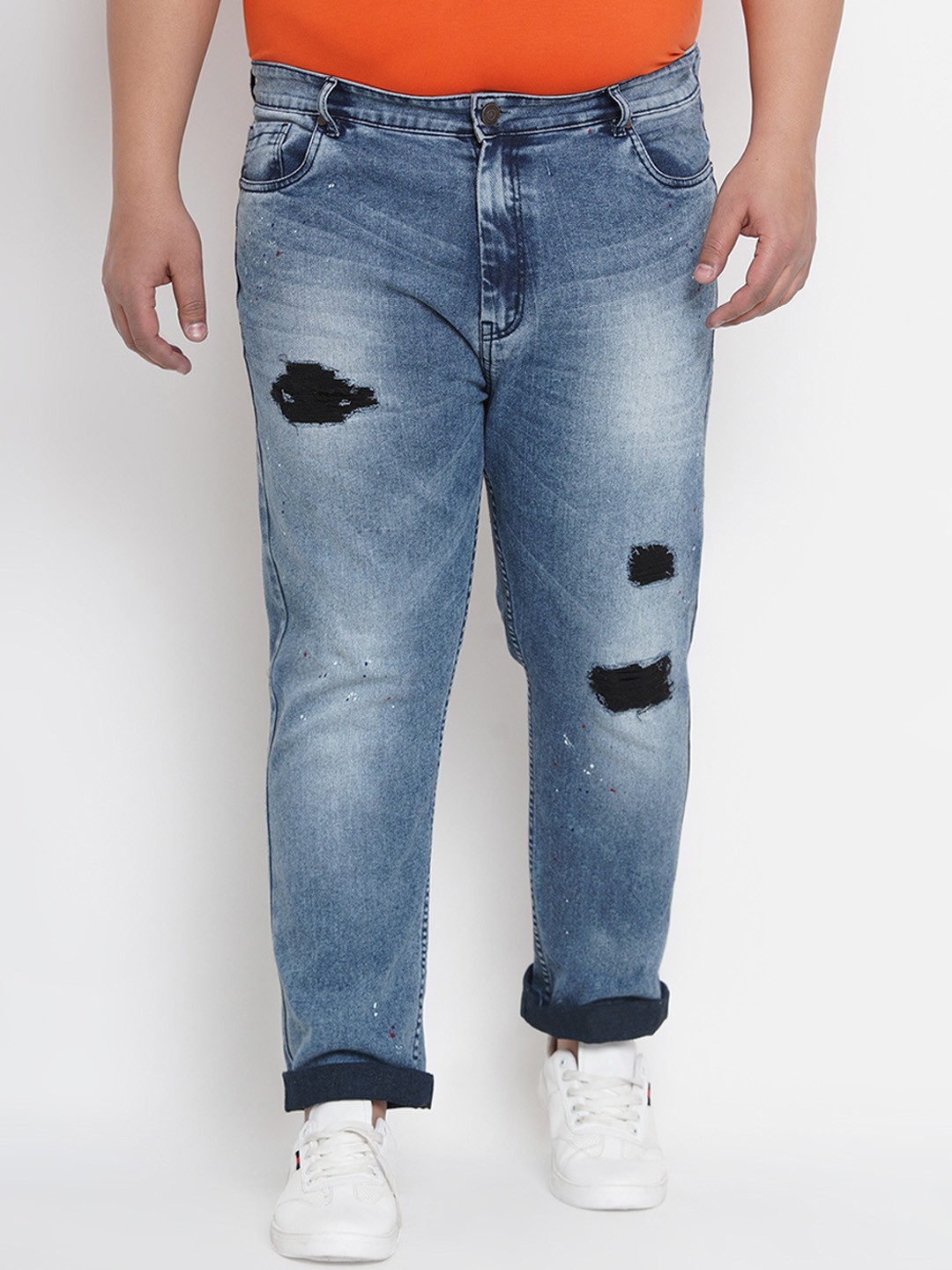 

John Pride Plus Size Men Blue Regular Fit Mid-Rise Mildly Distressed Stretchable Jeans