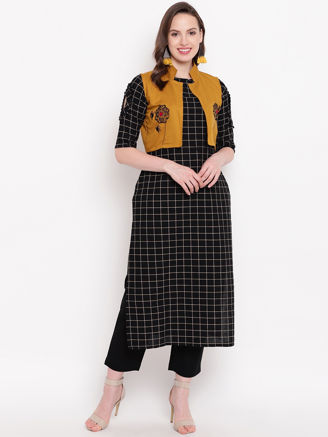 

Kvsfab Women Black & Mustard Yellow Checked Straight Kurta with Jacket