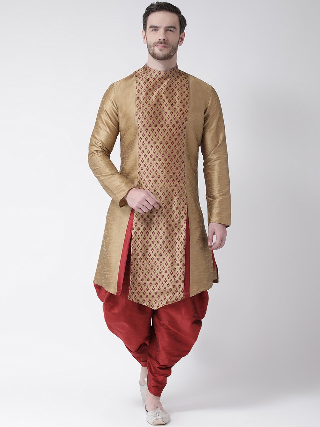 

DEYANN Men Gold-Toned & Maroon Printed Straight Kurta