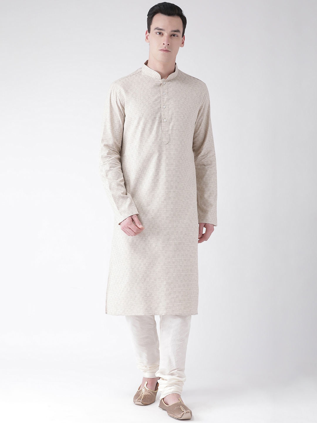 

DEYANN Men Cream-Coloured & Off-White Striped Kurta with Churidar