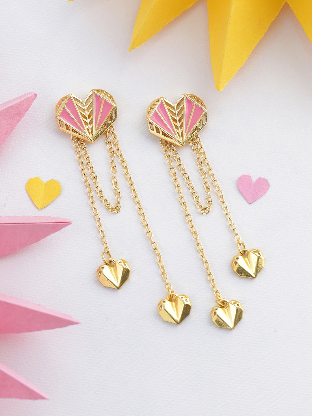 

Voylla Gold-Plated & Pink Heart Shaped Drop Earrings