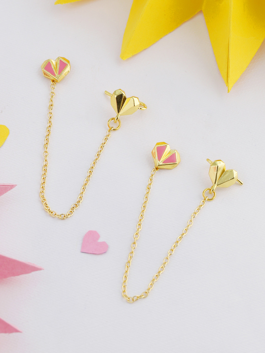

Voylla Gold-Plated & Pink Heart Shaped Drop Earrings