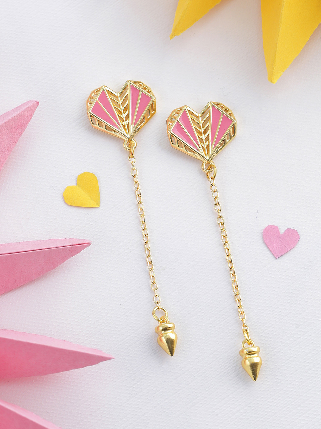 

Voylla Gold-Plated & Pink Heart Shaped Drop Earrings