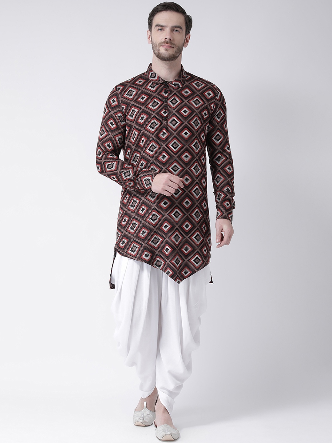 

DEYANN Men Brown & Red Woven Design Asymmetrical Hem Straight Kurta