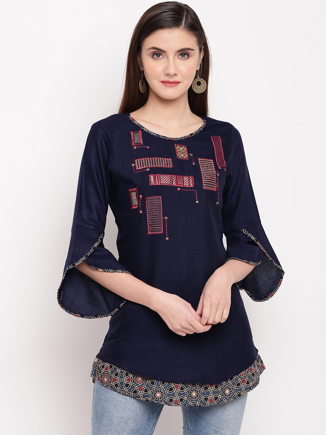 

Kvsfab Women Blue Embroidered A-Line Kurti