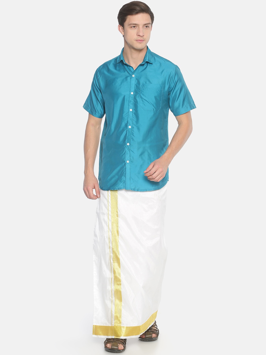 

Sethukrishna Men Turquoise Blue & Off-White Solid Shirt & Dhoti Set