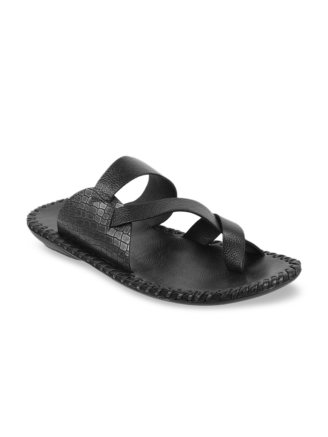 

Metro Men Black Solid Leather Comfort Sandals