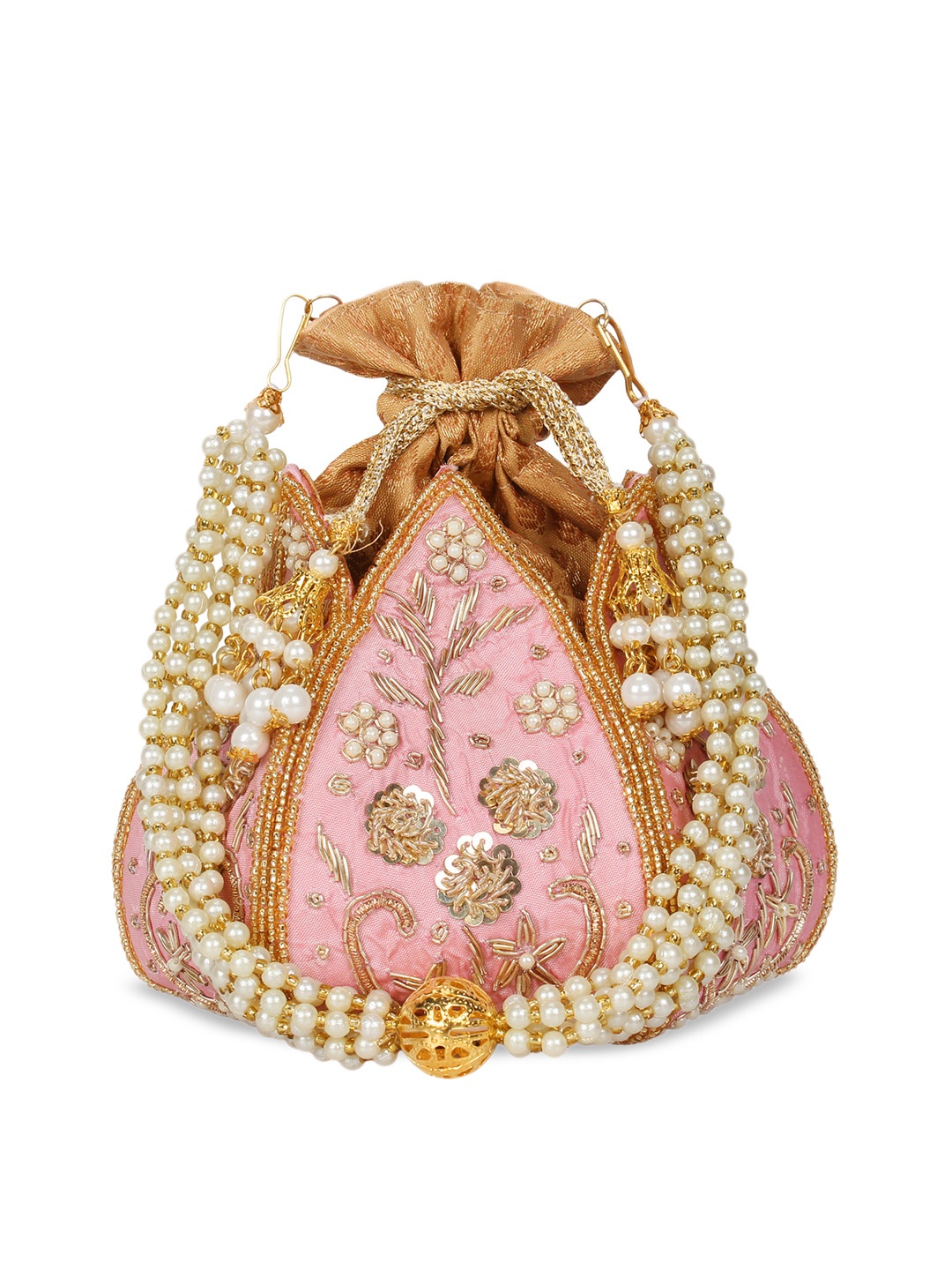 

Anekaant Pink & Gold-Toned Embellished Tasselled Clutch