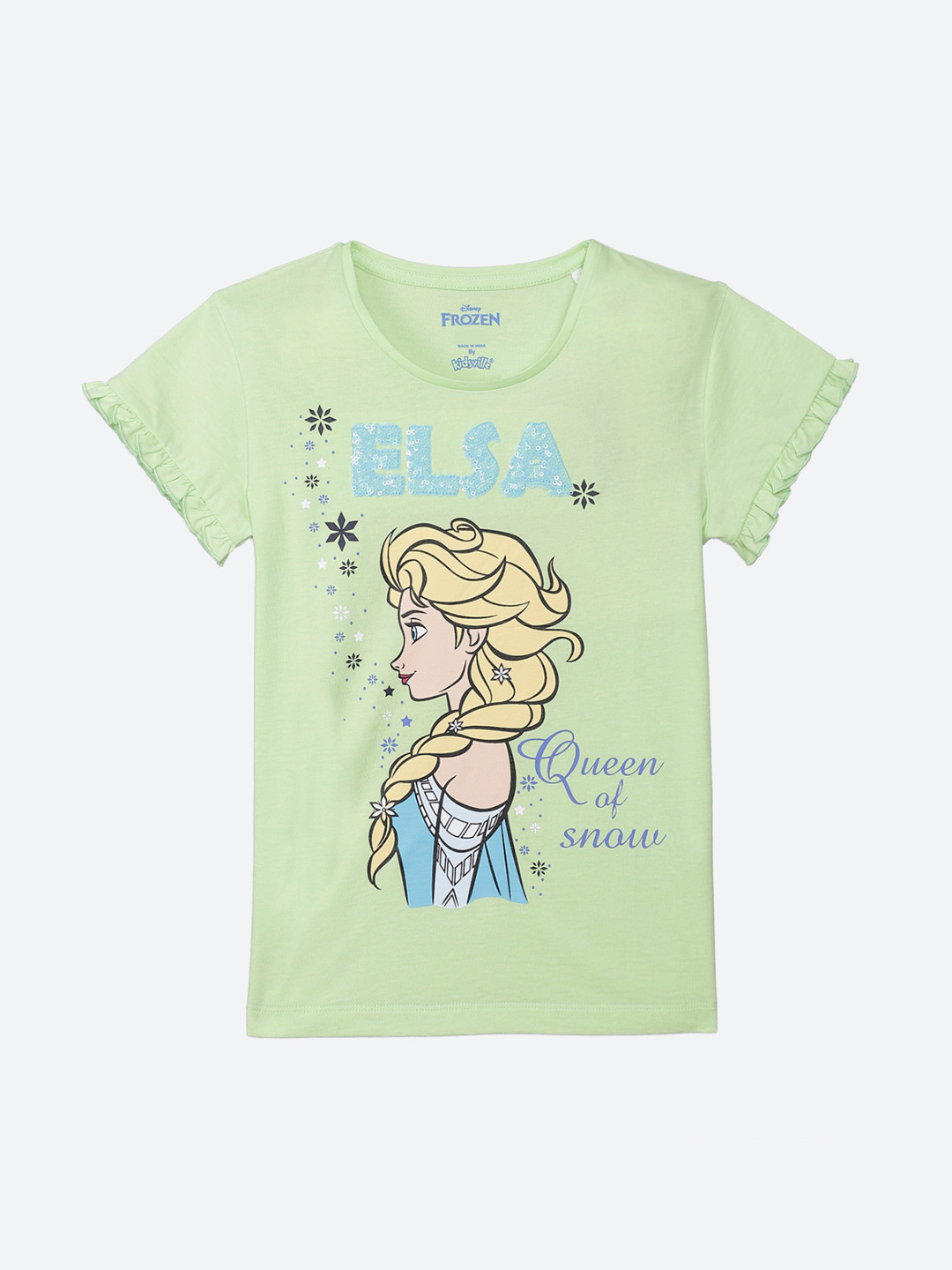 

Kids Ville Girls Green Frozen Elsa Printed Round Neck T-shirt