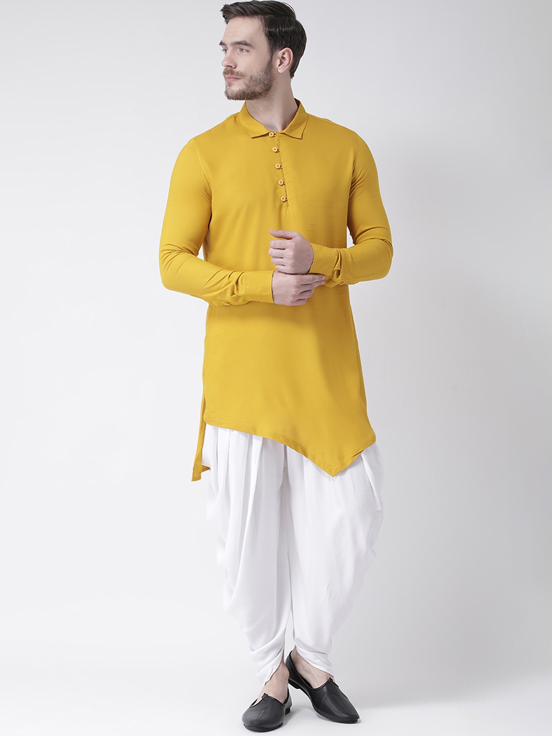 

DEYANN Men Mustard Yellow Solid Asymmetrical Hem Straight Kurta