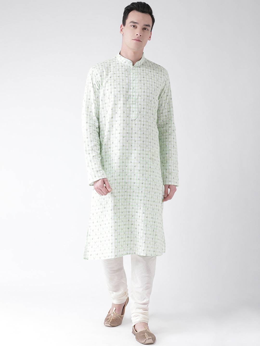 DEYANN Men Green & White Printed Kurta with Churidar
