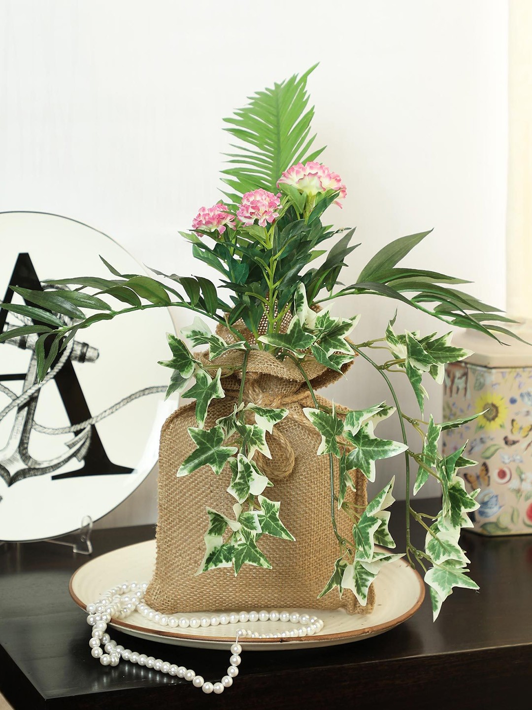 

PolliNation Green White Artificial Hanging Bonsai Plant With Jute Bag