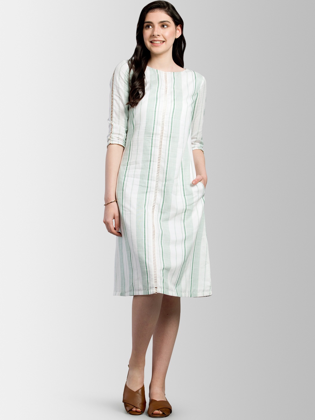 

FableStreet Women White & Sea Green Striped A-Line Dress