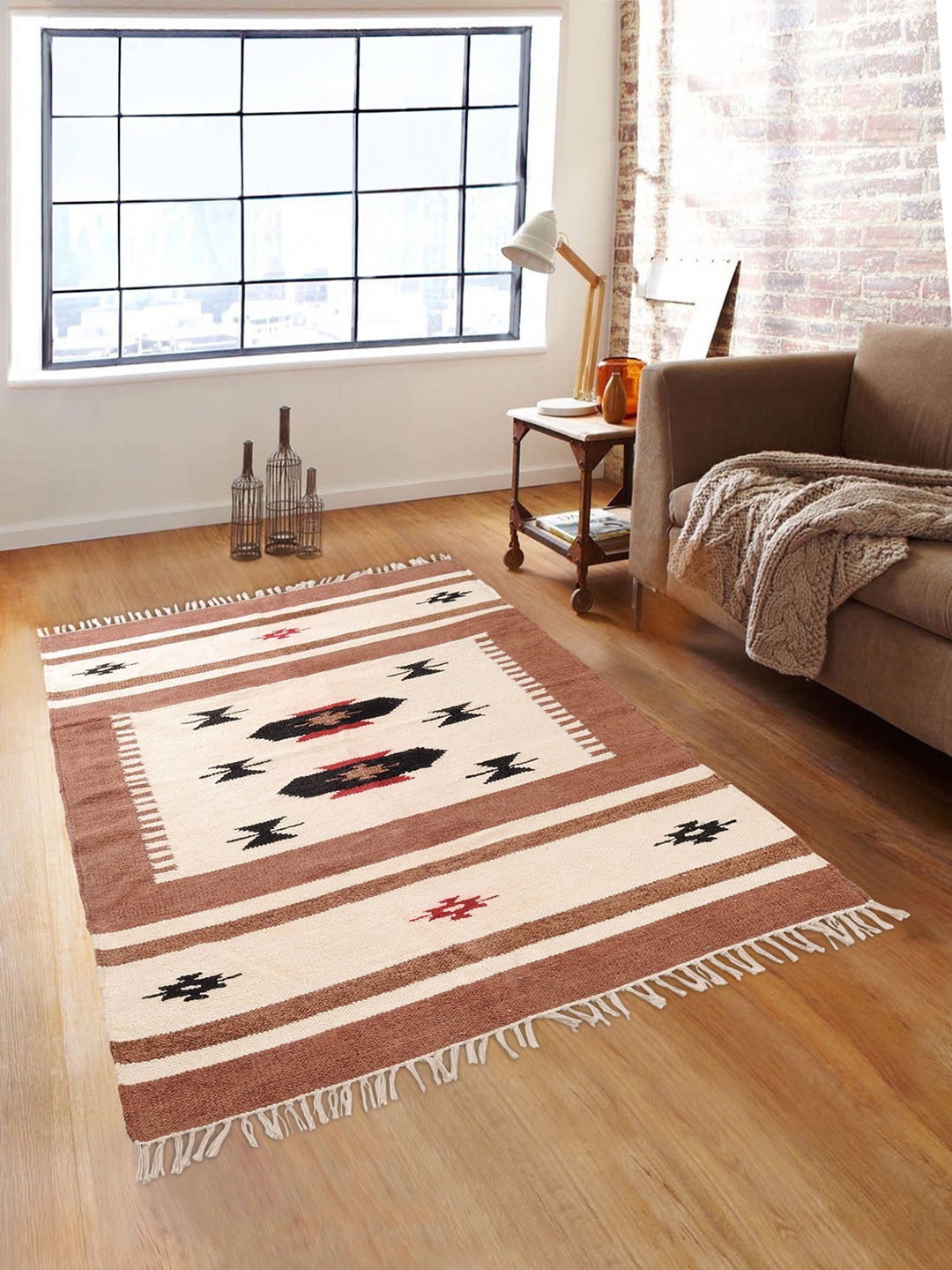 

ROMEE Brown & Beige Ethnic Motifs Patterned Chenille Anti-Skid Dhurrie