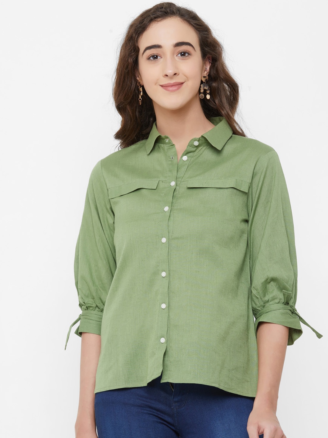 

109F Women Olive Green Regular Fit Solid Casual Shirt