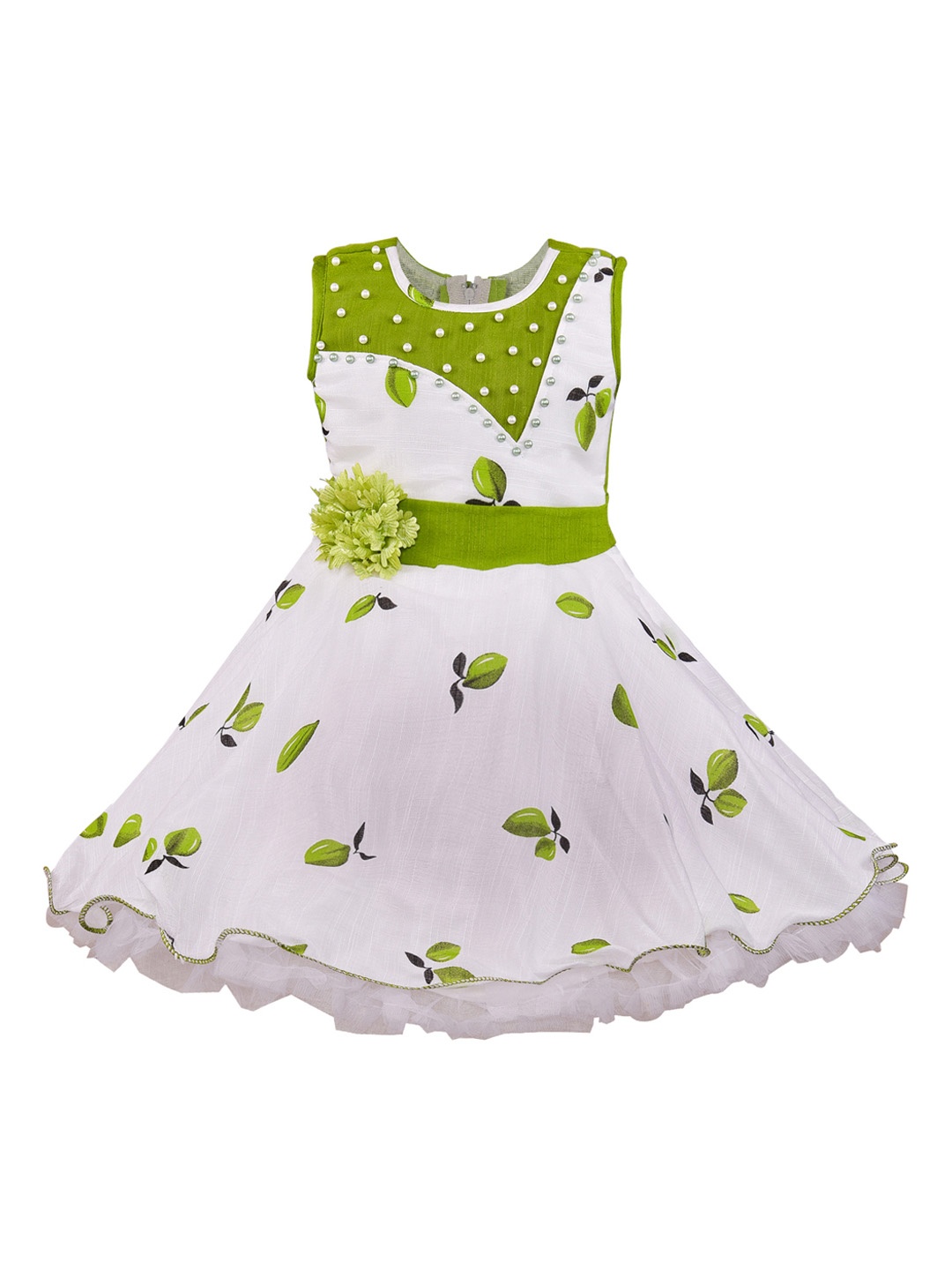

Wish Karo Girls Green & White Printed Fit and Flare Silk Dress