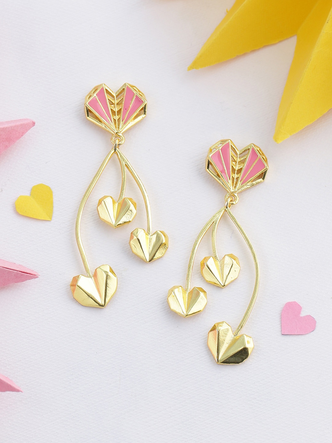 

Voylla Gold-Plated & Pink Heart Shaped Drop Earrings