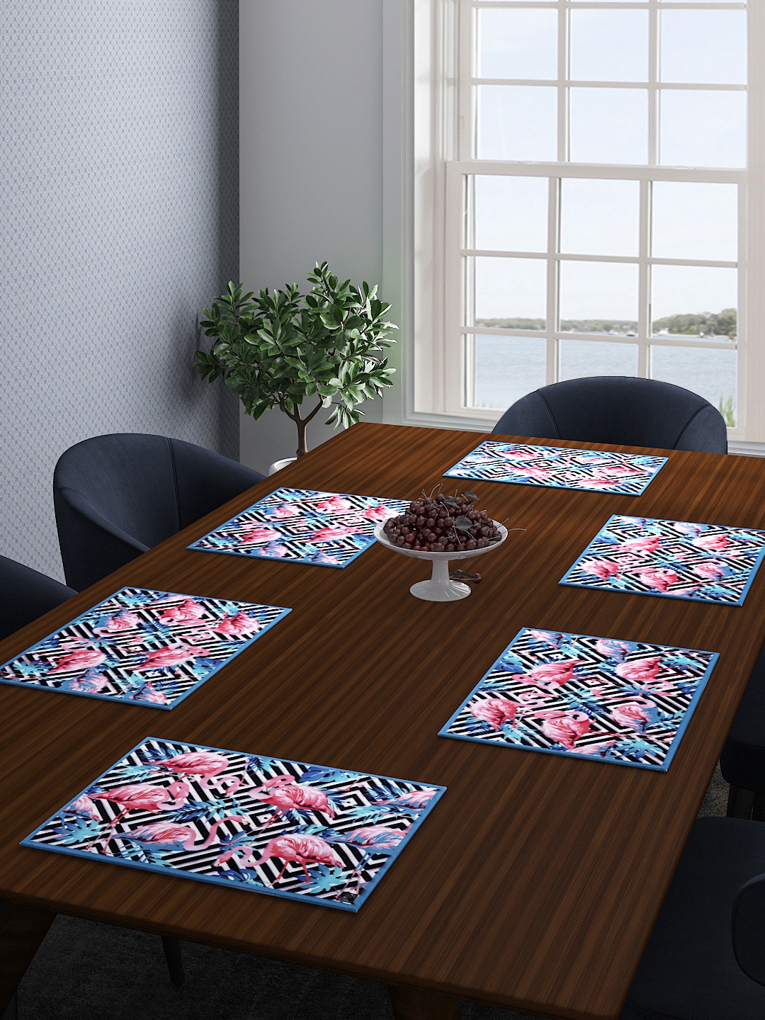

ROMEE Set of 6 Blue & Pink Flamingo Printed Table Mats