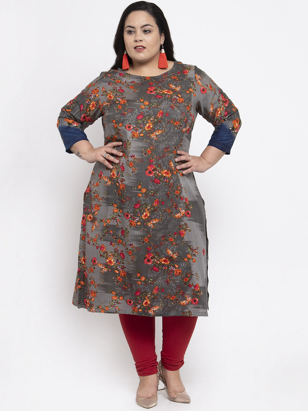 

plusS Women Grey & Orange Printed Straight Kurta