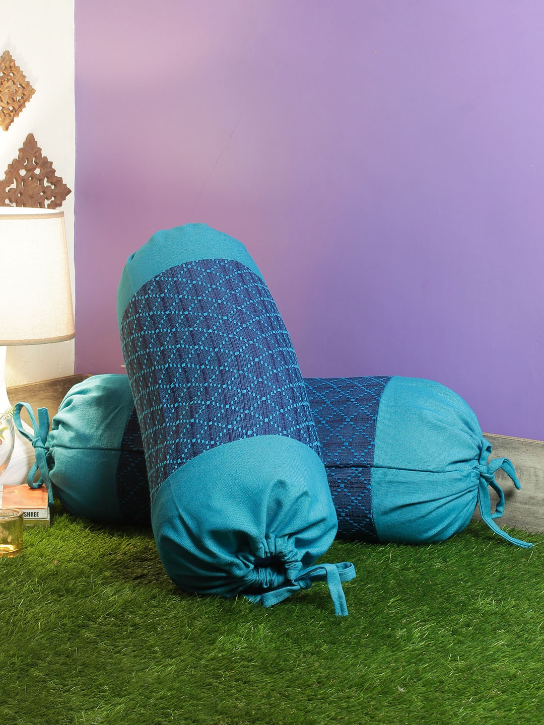 

Soumya Set of 2 Blue Self Checked Bolster Covers