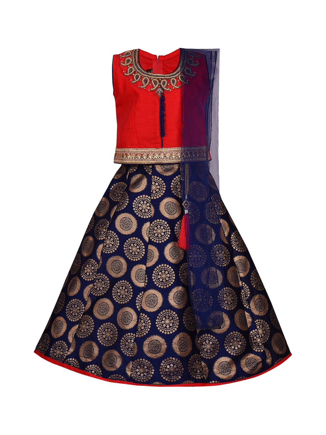 

Wish Karo Girls Red & Navy Blue Embellished Ready to Wear Pattu Pavadai with Dupatta