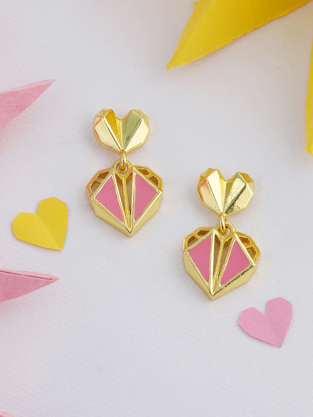 

Voylla Gold-Plated & Pink Heart Shaped Drop Earrings
