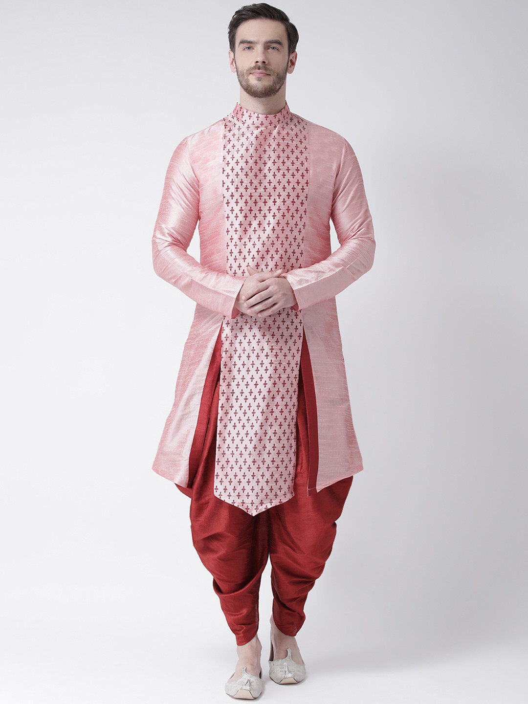 

DEYANN Men Pink & Maroon Printed Asymmetric Straight Kurta