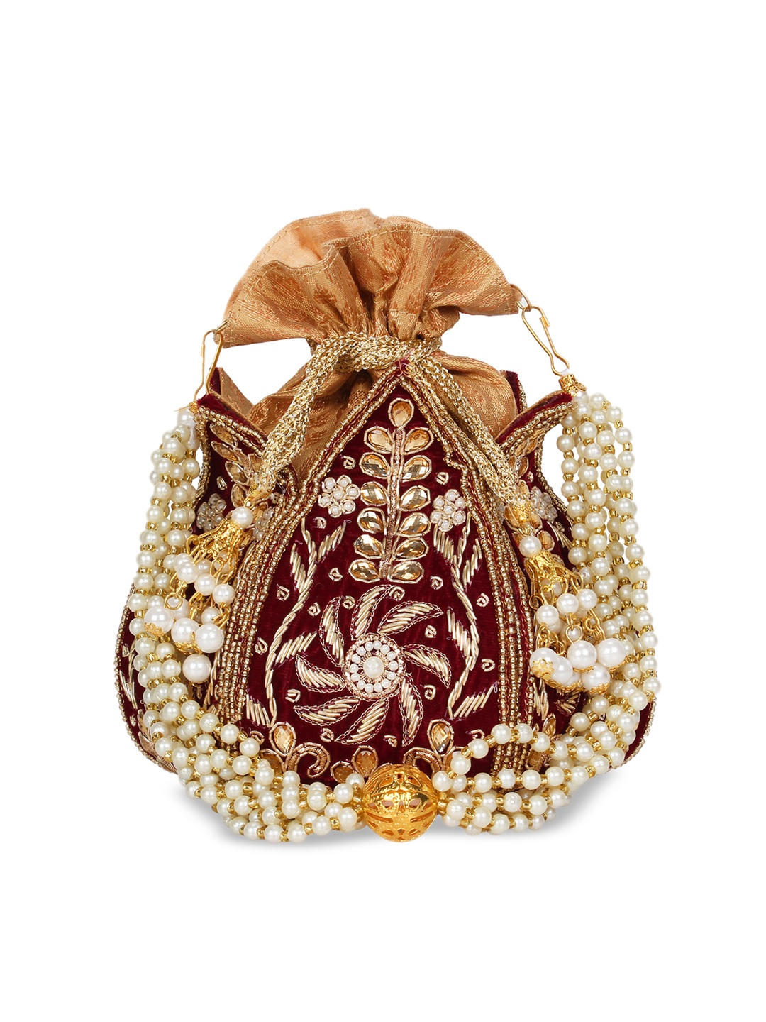 

Anekaant Maroon & Gold-Toned Embellished Tasselled Clutch