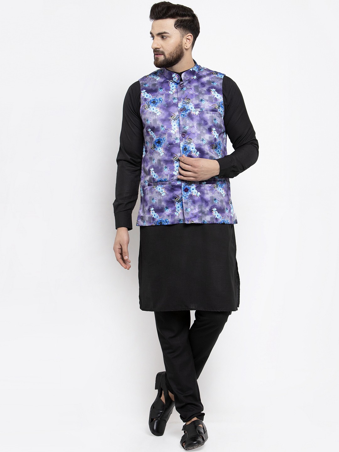 

Jompers Men Black Solid Kurta with Churidar & Nehru Jacket