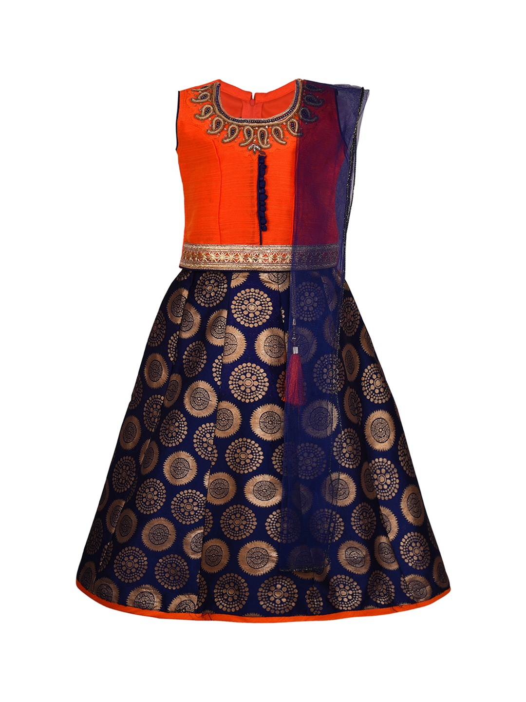 

Wish Karo Girls Orange & Navy Blue Embellished Ready to Wear Pattu Pavadai with Dupatta