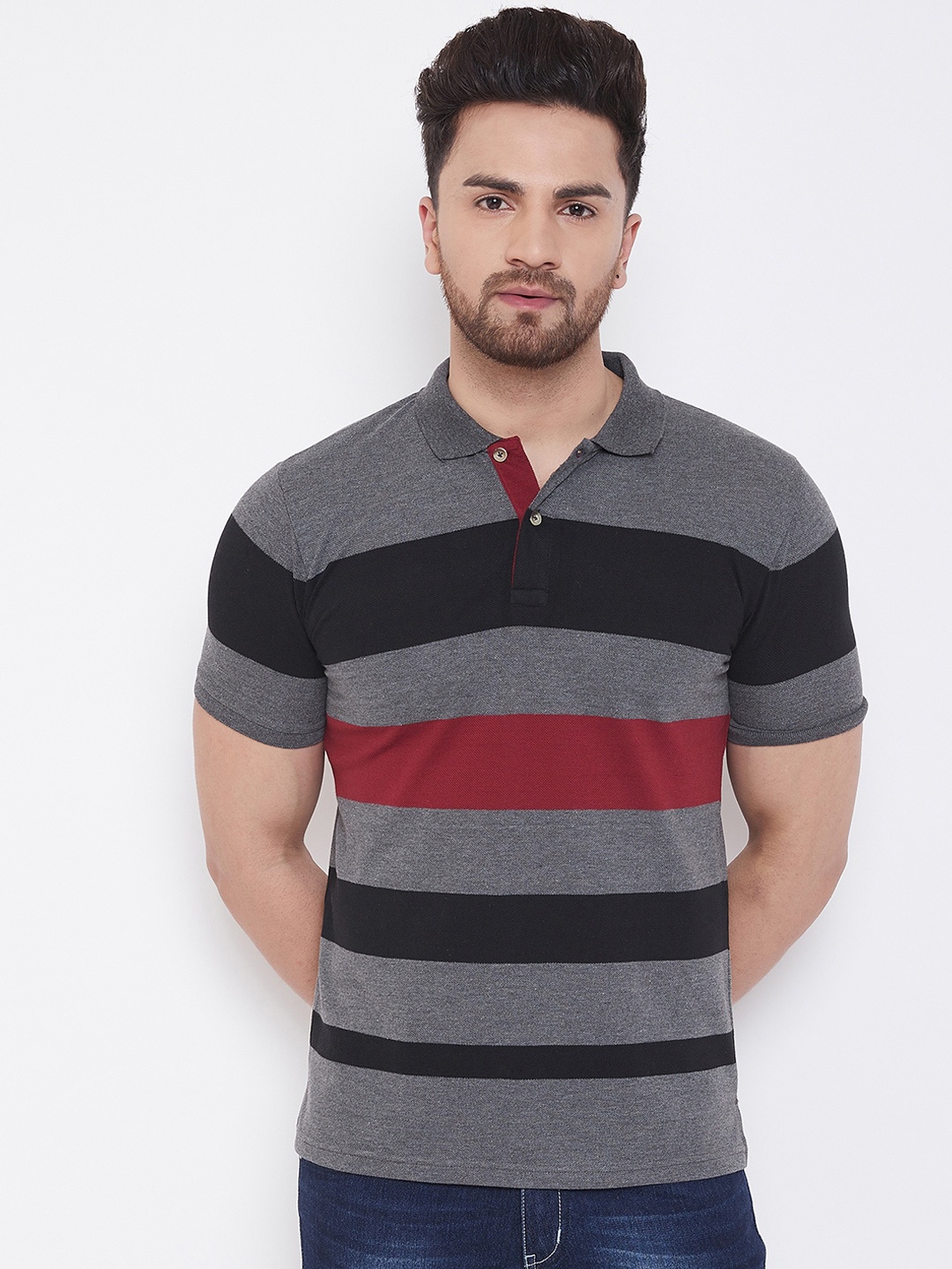 

Austin wood Men Grey & Black Striped Polo Collar T-shirt