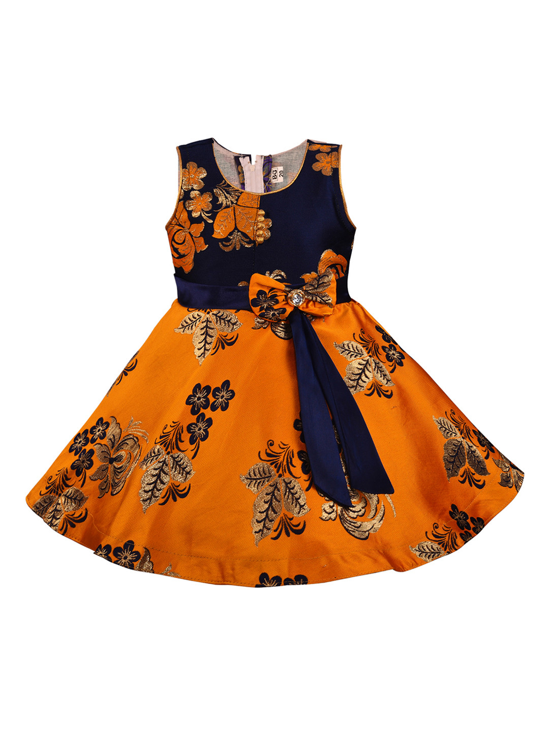 

Wish Karo Girls Orange & Navy Blue Printed Fit and Flare Silk Dress