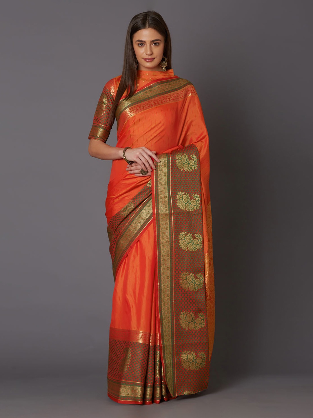 

Mitera Orange Silk Blend Woven Design Banarasi Saree