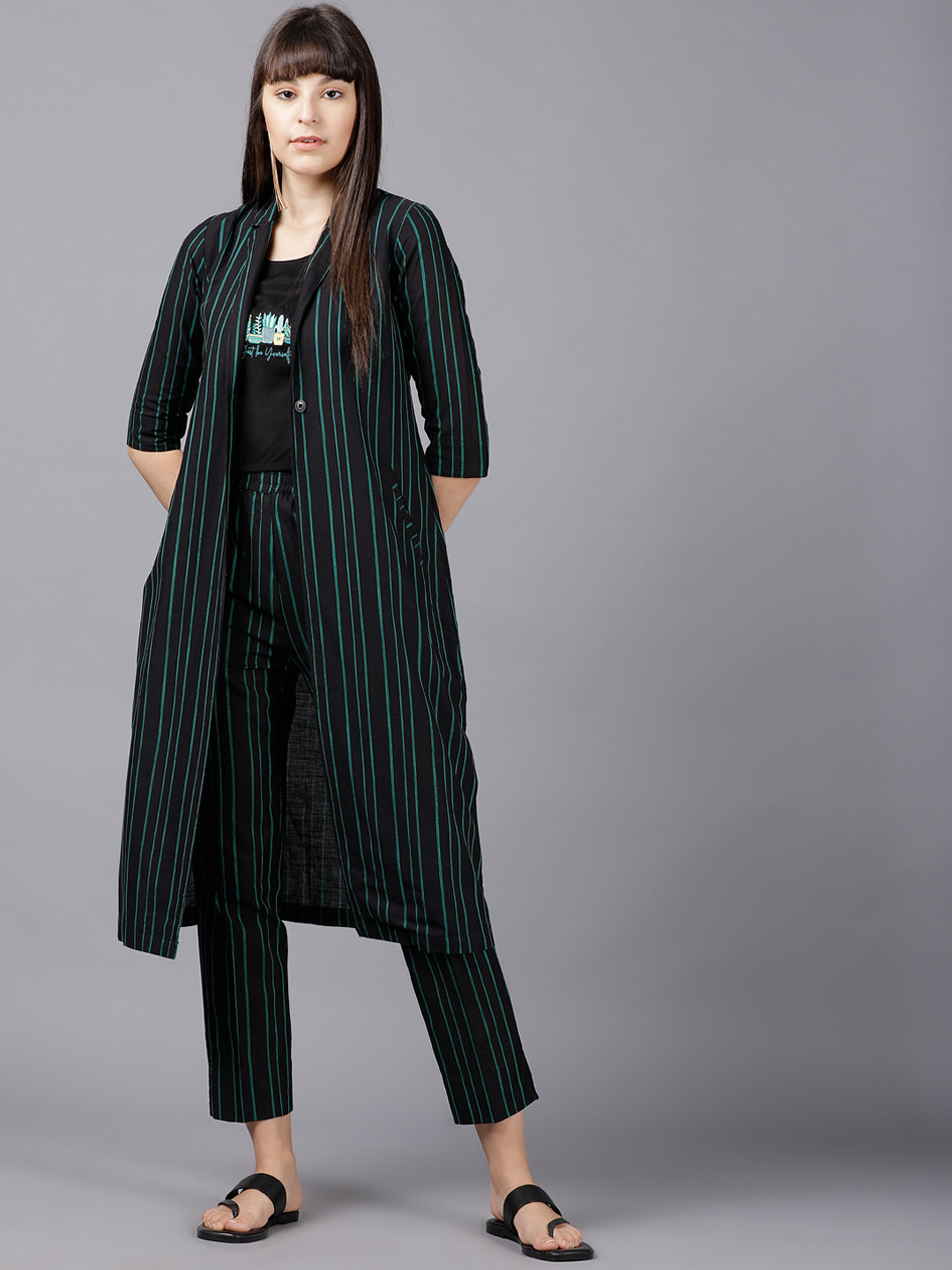 

Vishudh Women Black & Green Striped Top with Palazzos