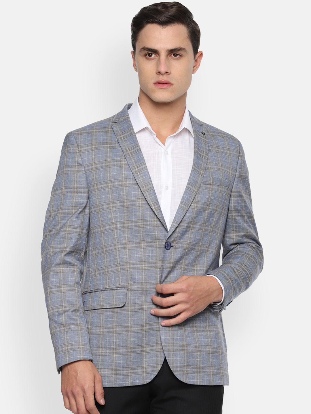 

Van Heusen Men Blue & Grey Checked Slim-Fit Single-Breasted Formal Blazer