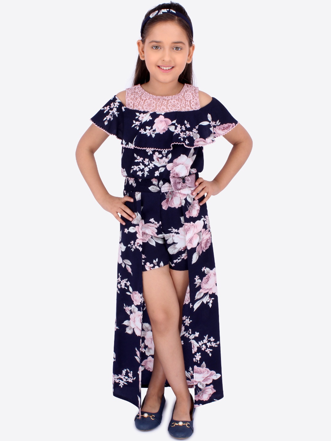 

CUTECUMBER Girls Navy Blue & Pink Printed Maxi Dress With Hairband
