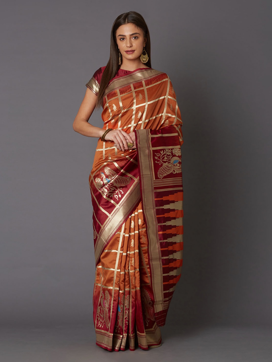 

Mitera Mustard Yellow & Maroon Silk Blend Woven Design Banarasi Saree