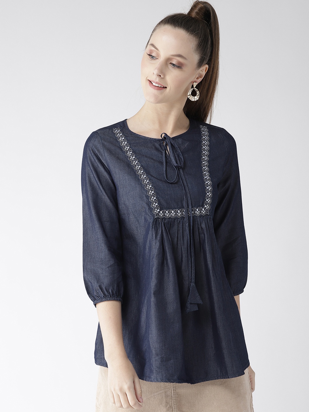 

Xpose Women Navy Blue Printed Denim Pure Cotton Top
