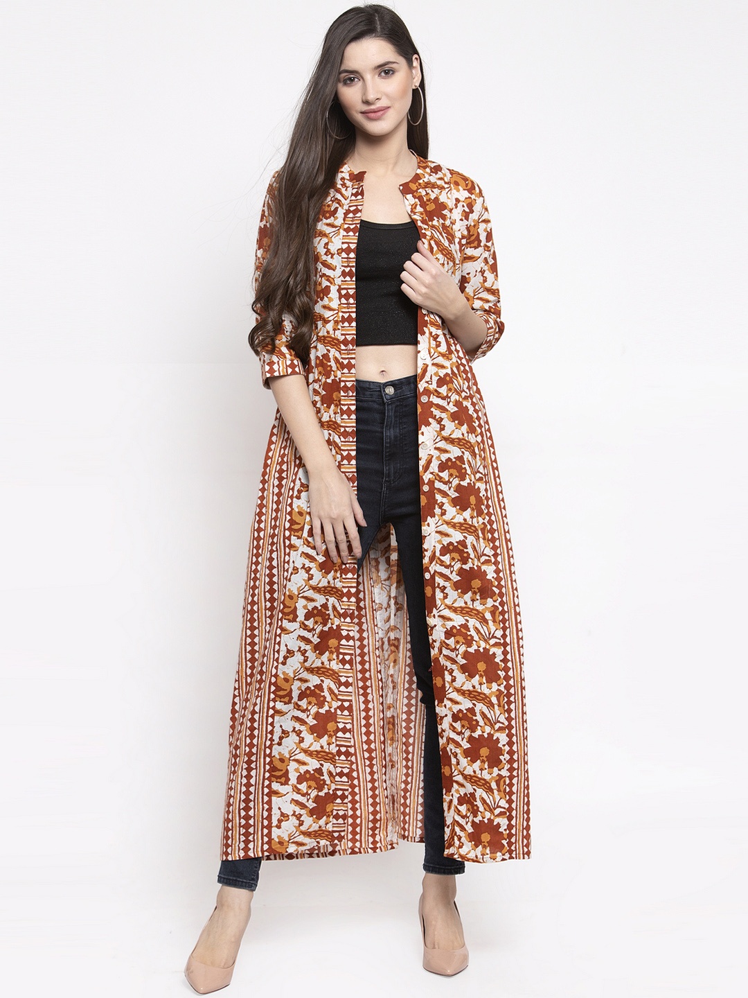 

Indibelle Women Brown & Off-White Printed Open Front Shrug