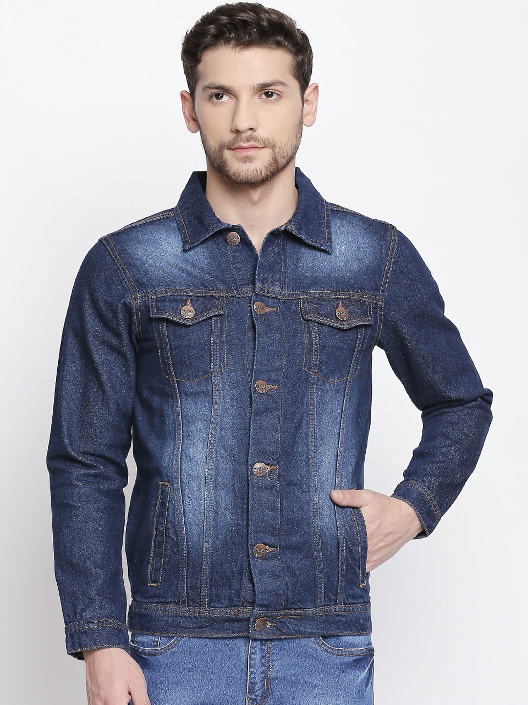 

High Star Men Blue Solid Denim Jacket