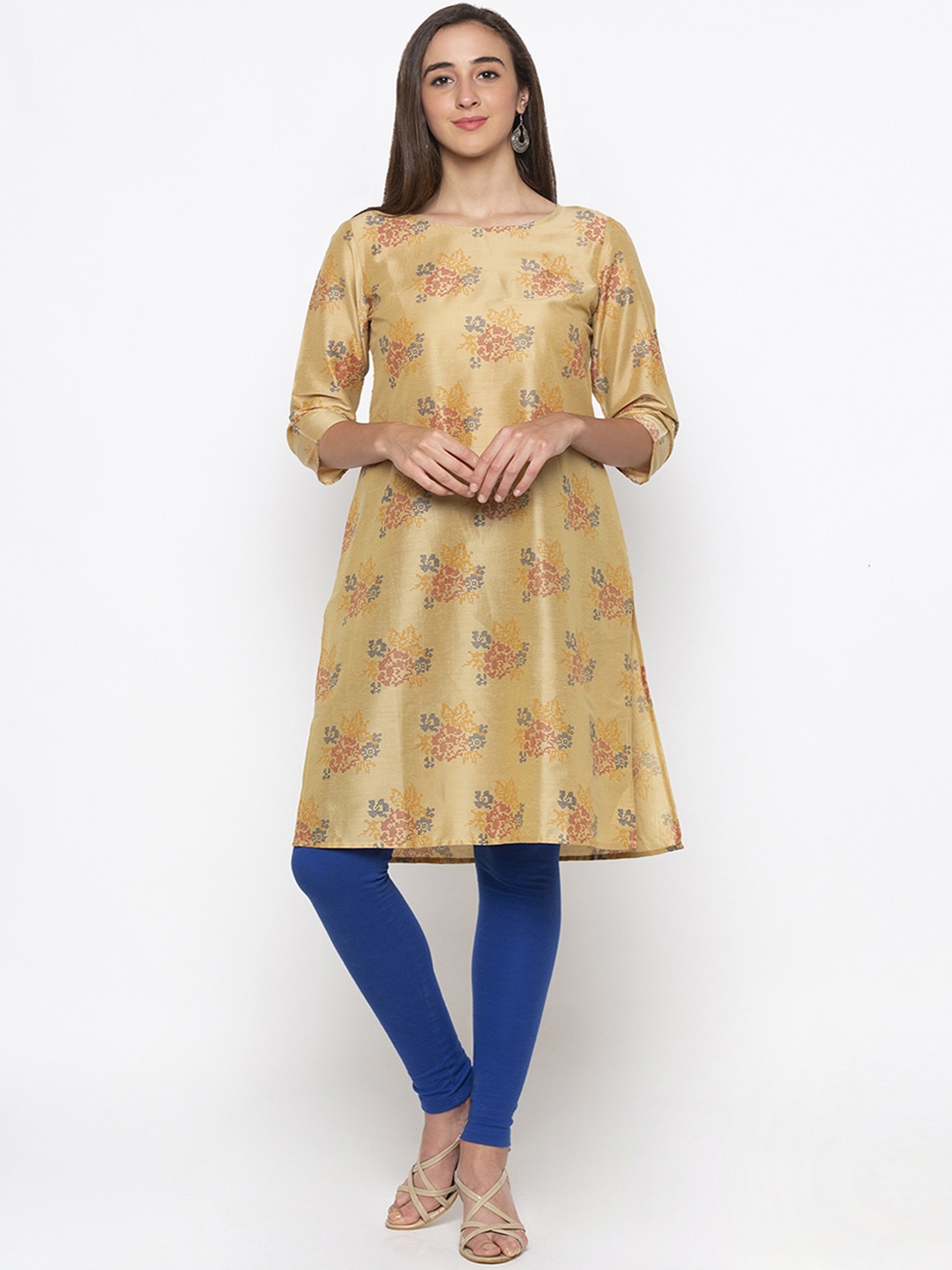 

Globus Women Gold-Toned & Blue Printed Straight Kurta