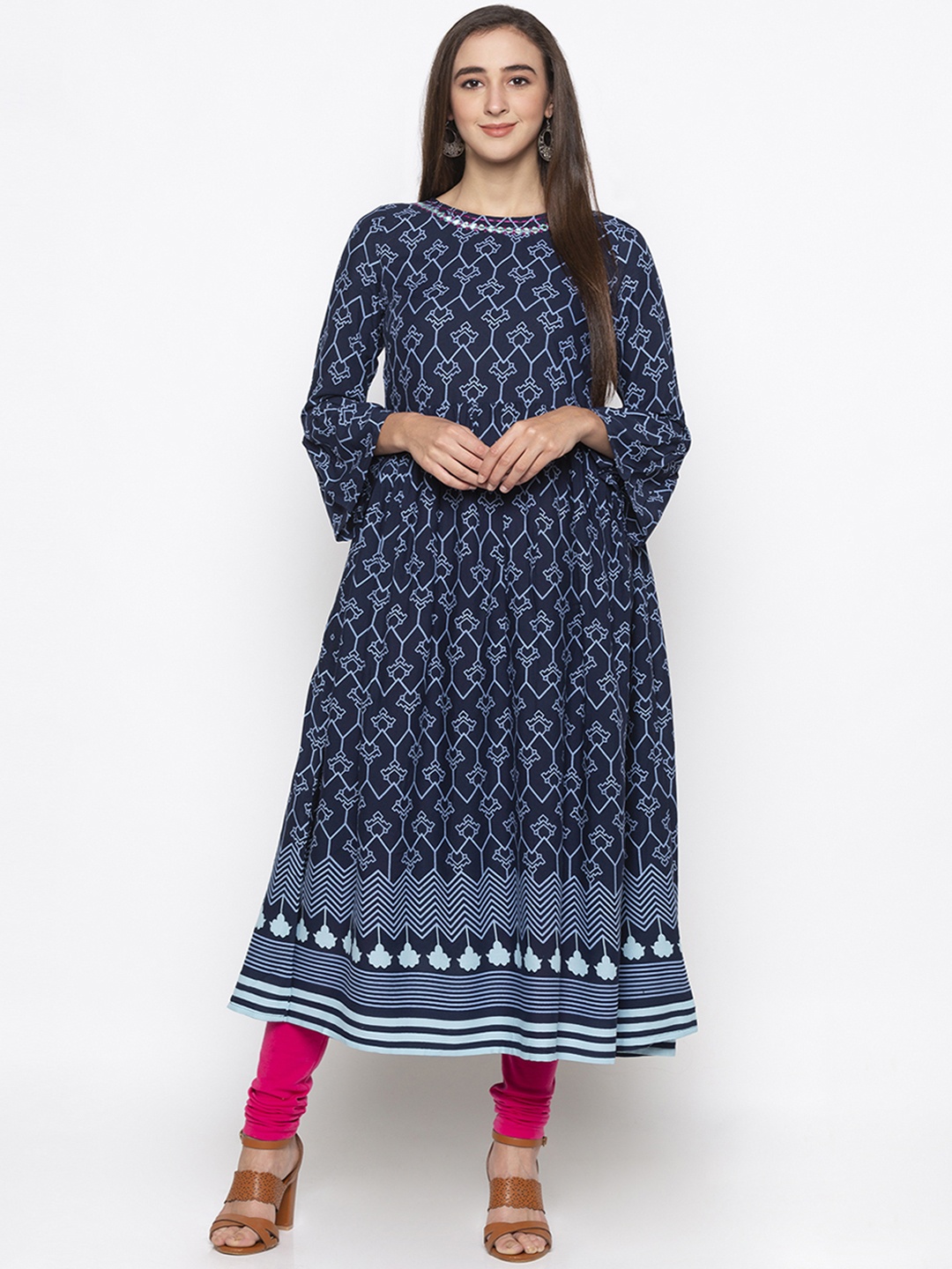 

Globus Women Blue & White Printed A-Line Kurta