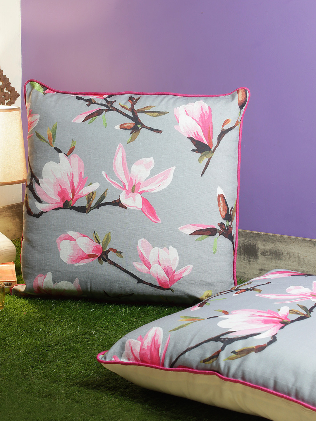 

Soumya Grey & Pink Set of 2 Floral Square Cushion Covers