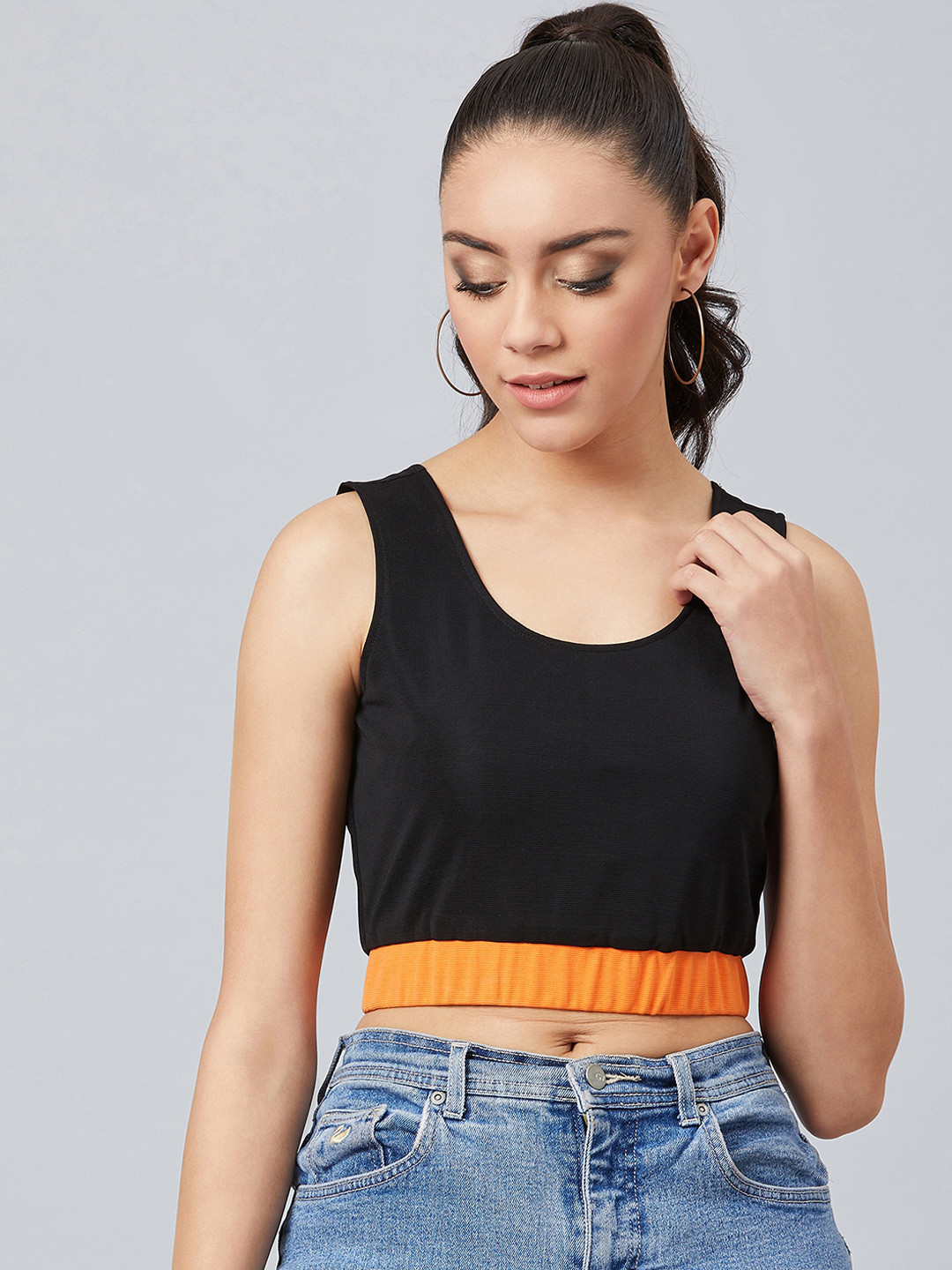 

Athena Women Black & Orange Colourblocked Blouson Crop Top