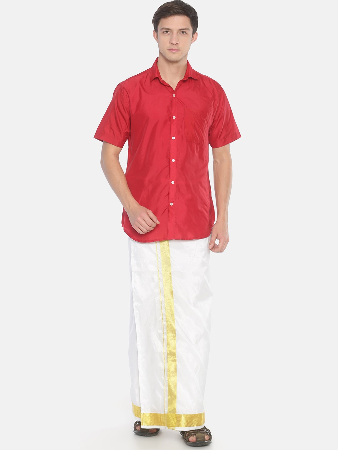 Sethukrishna Men Red & Off-White Solid Shirt with Dhoti
