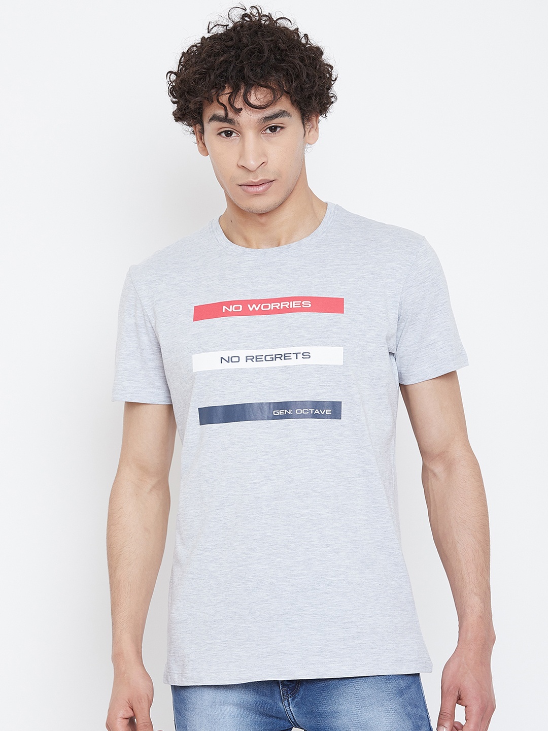 Octave Men Grey Melange & Off-White Printed Round Neck T-shirt